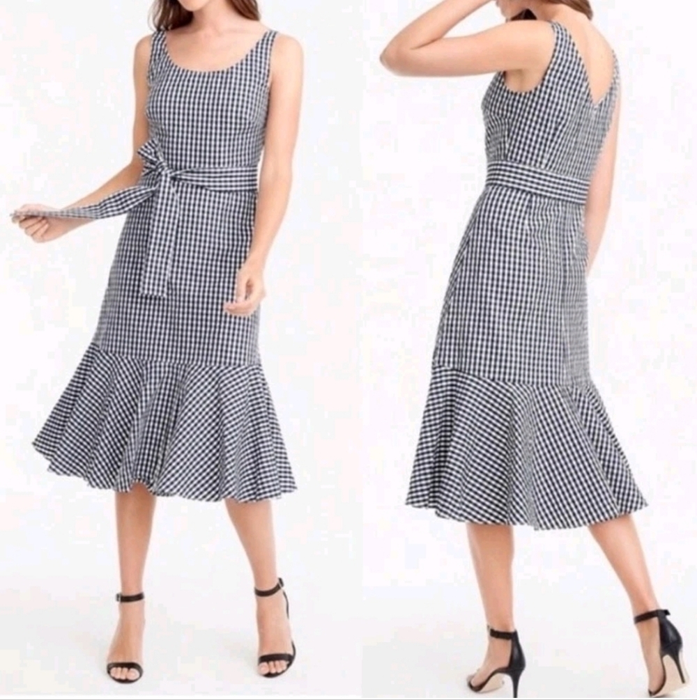 NEW J Crew Gingham Sleeveless Dress Size 6 Dark Navy Blue White Check Knee Midi